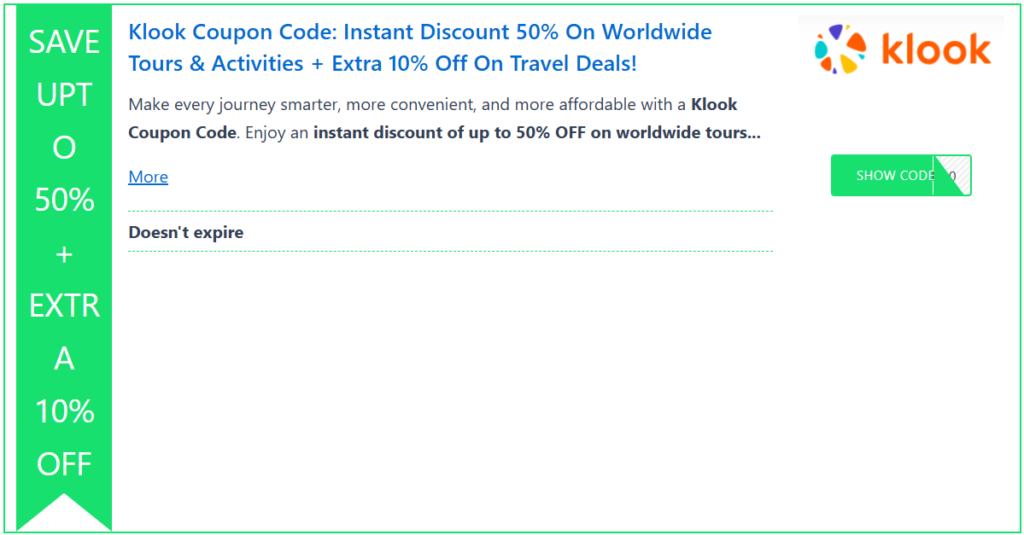 Klook Coupon Code: 50% Off Tours & Activities + Extra 10% Travel Discount